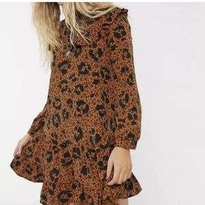 Topshop Ustard Ruffle Yoke Long Sleeve Floral Brown Mini Shift Dress Size US 8